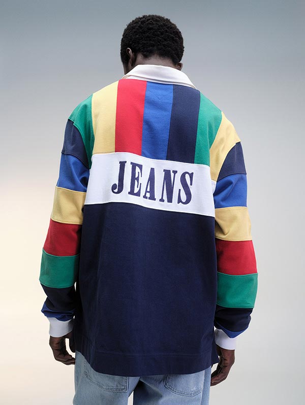 A model wearing a rugby from Tommy Hilfiger's new collection, Tommy Jeans International Games.