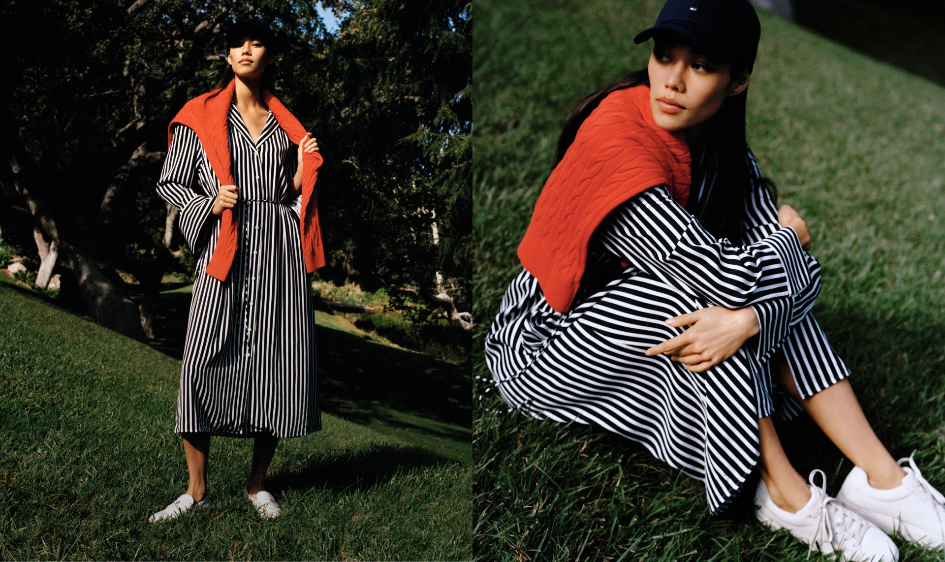 A female model wears a striped midi shirtdress, new from Tommy Hilfiger.