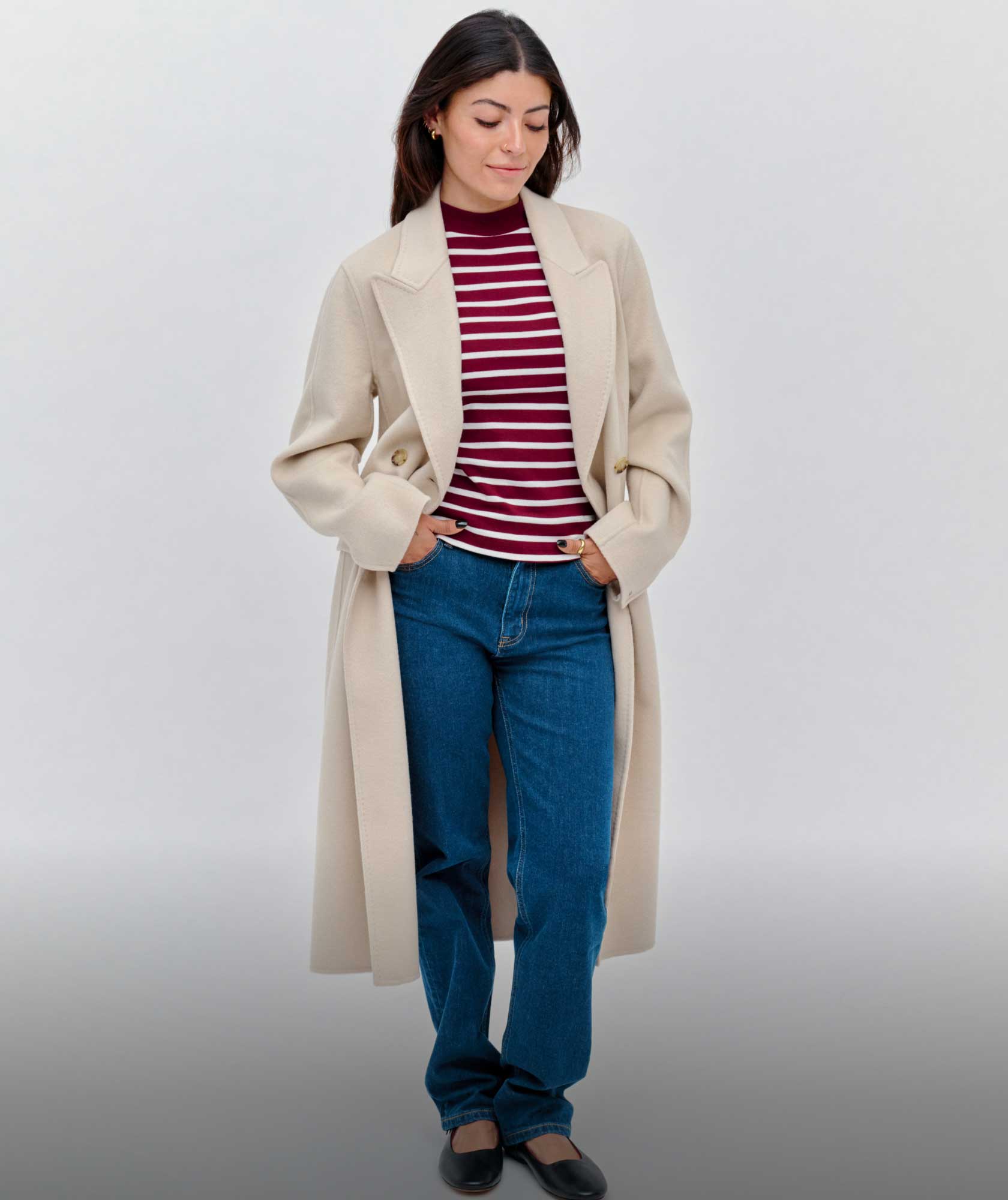 Sabrina Quesada Wearing Tommy Hilfiger Wool Coat with Stripped sweater and Jeans