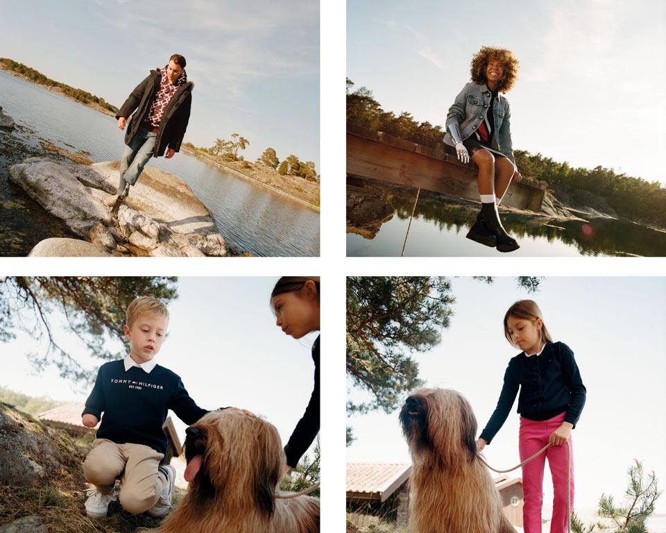 A group of male and female models wear tartan-inspired apparel and accessories, new from Tommy Hilfiger.