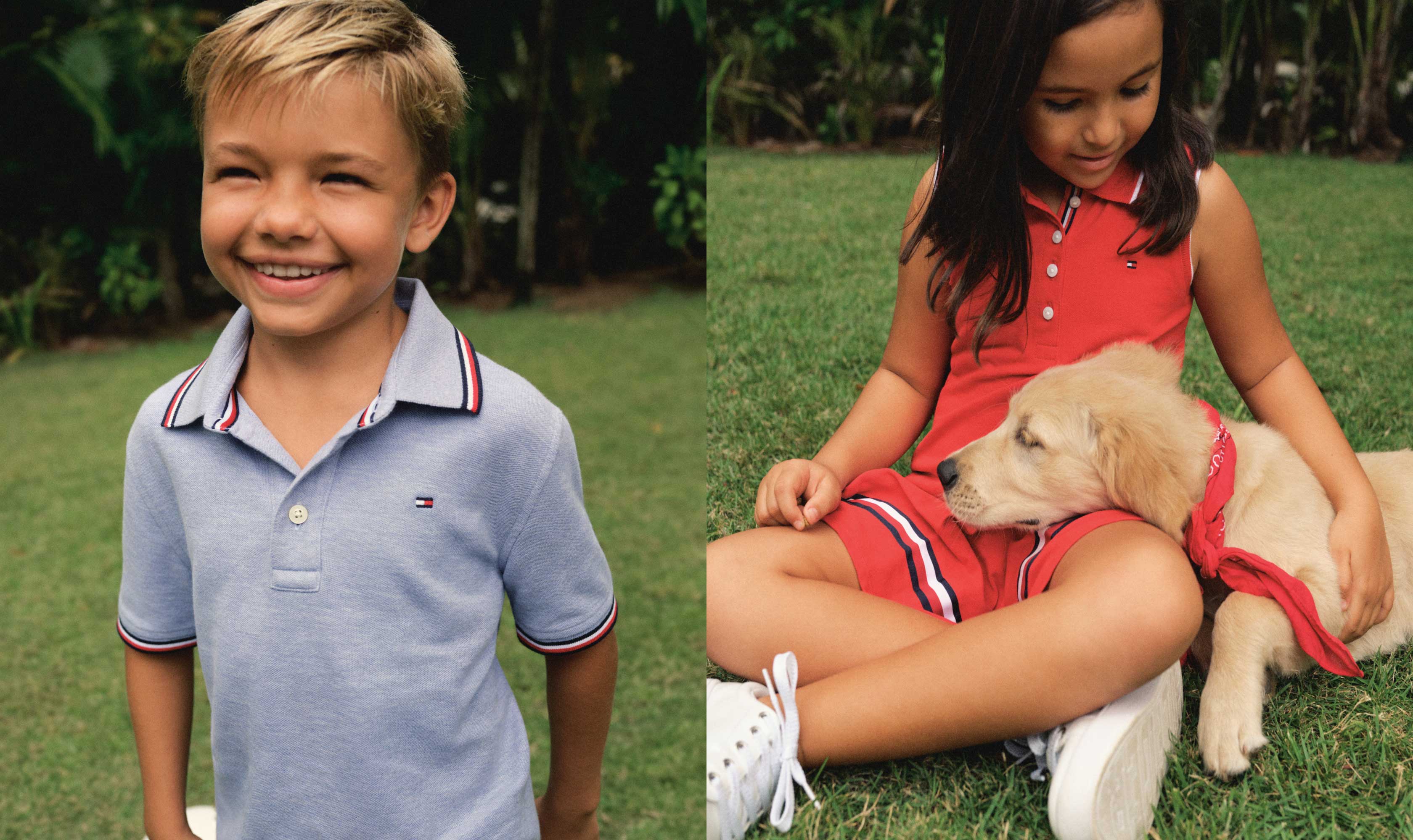 A boy and a girl each wear kids' polos from Tommy Hilfiger.