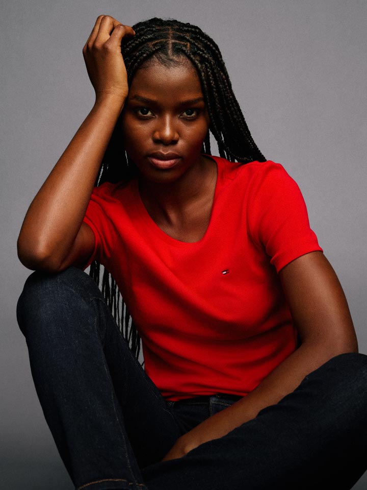 Woman In Red Tommy Hilfiger Shirt