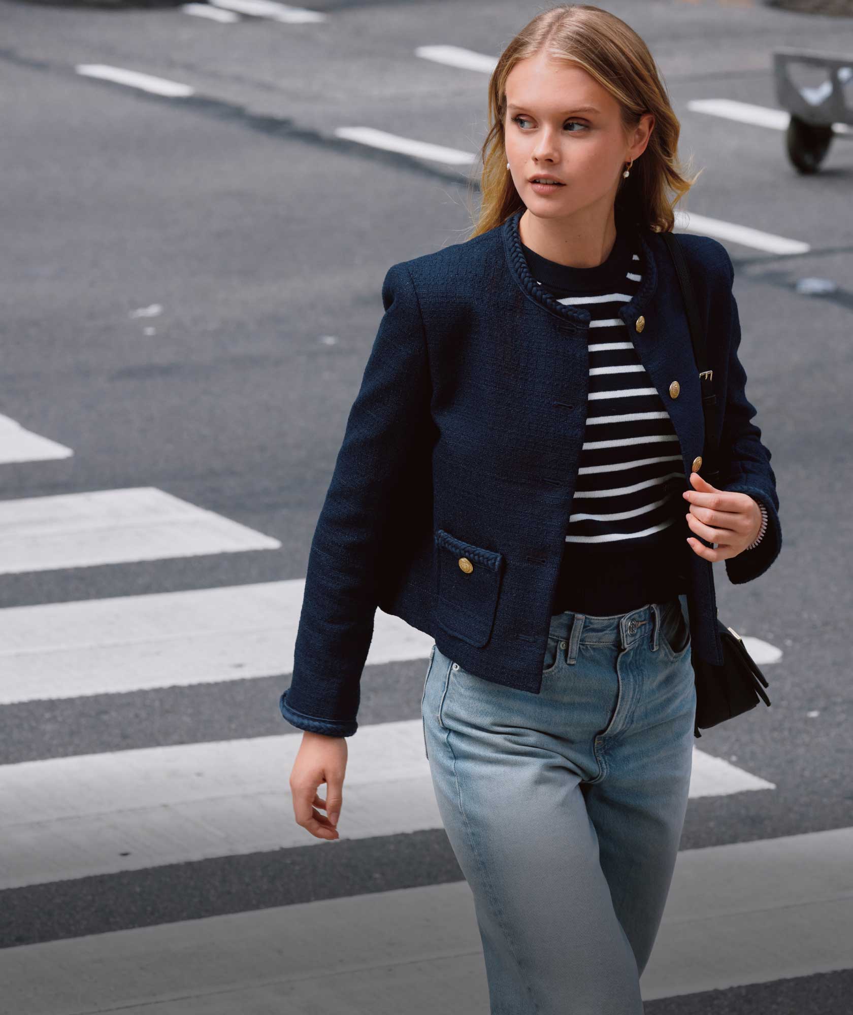 Jule Jenson walking in Tommy Hilfiger tweed jacket