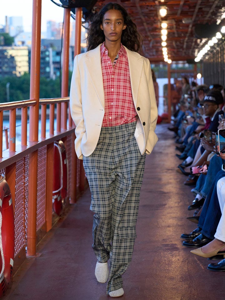 Shop the Look: Silk-Blend Check Shirt, Silk Blend Check Cargo Pants and Crochet Mules