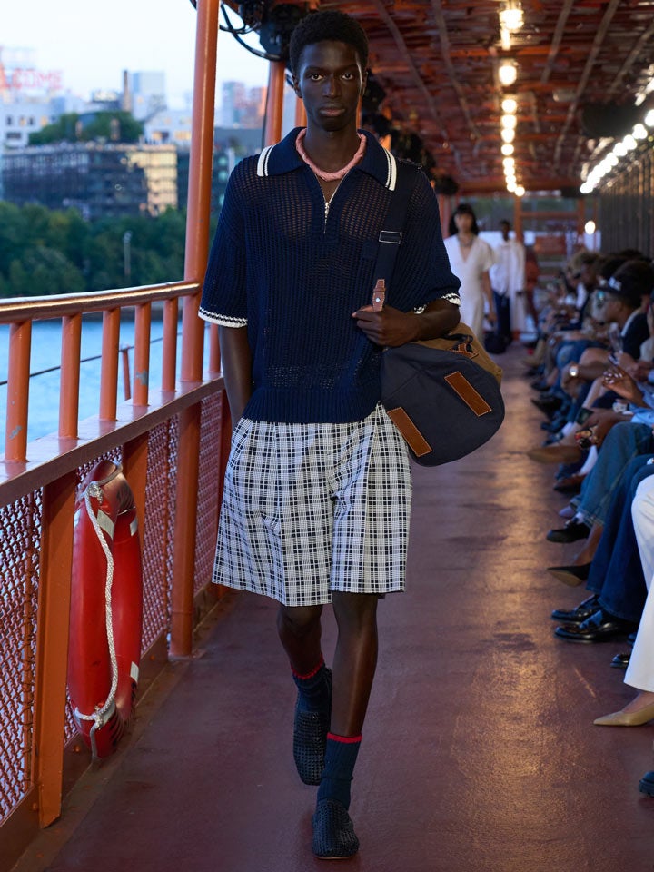 Shop the Look: Open Weave Mesh Zip Polo Sweater and Wide-Leg Check Chino Short