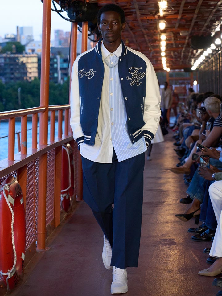 Shop the Look: Colorblock Logo Varsity Jacket, Regular Fit Mix Stripe Poplin Shirt, Wide-Leg Stretch Chino and Leather Sneakers