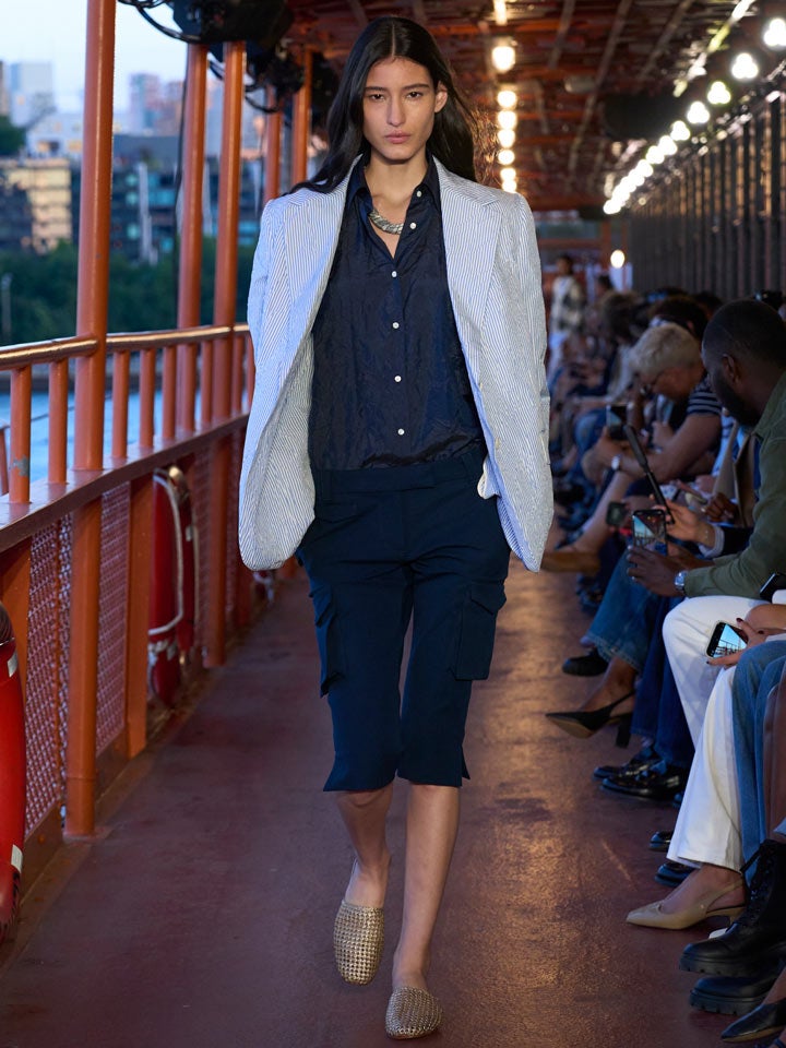 Shop the Look: Oversized Stripe Blazer, Crinkle Silk-Blend Shirt, Capri Cargo Pant and Metallic Crochet Mules