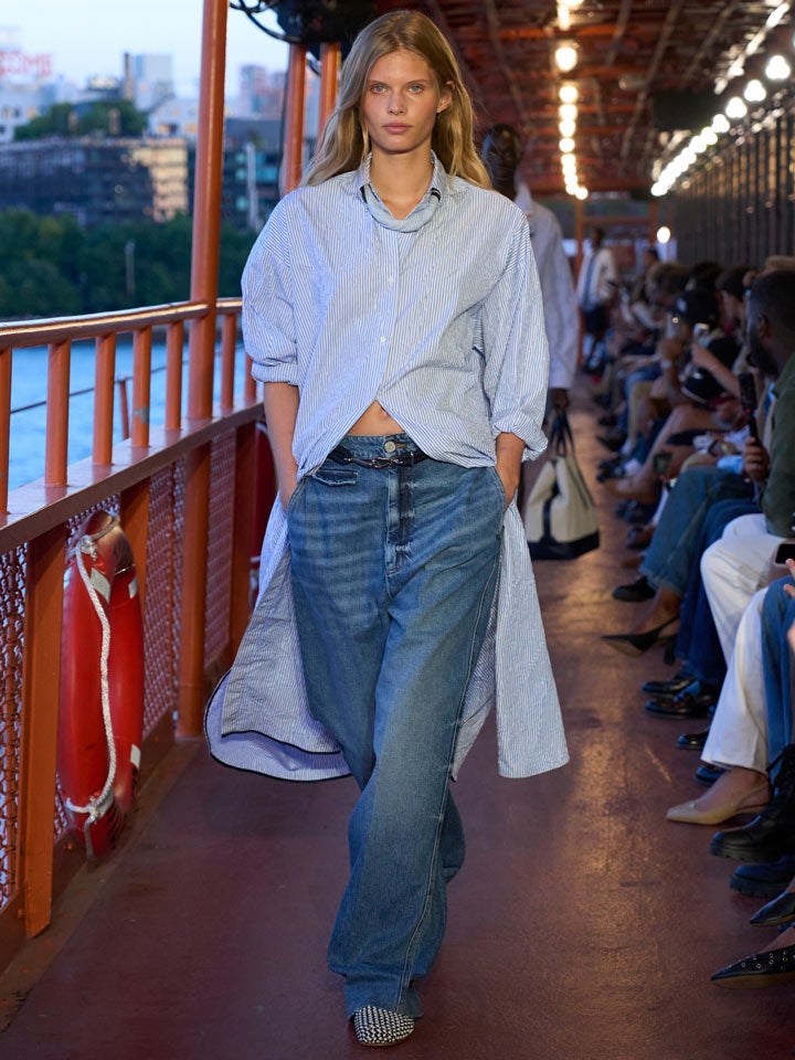 Shop the Look: Relaxed Fit Long Button-Up Shirt, Denim Utility Pant and Crochet Mules