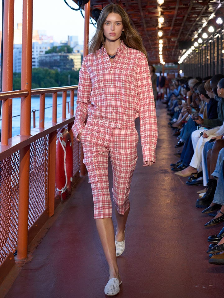 Shop the Look: Silk-Blend Check Shirt, Silk-Blend Check Capri Cargo Pant and Crochet Mule