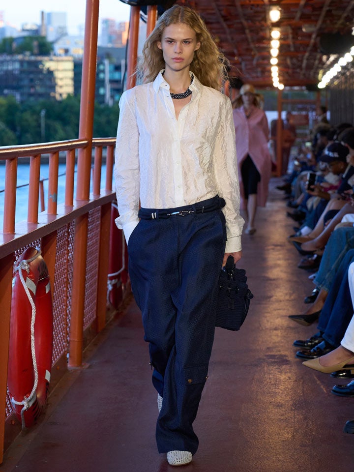 Shop the Look: Crinkle Silk-Blend Shirt, Silk and Linen Gold Button Cargo Pants and Crochet Mules