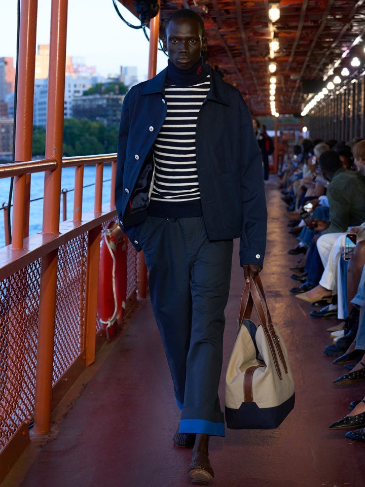 Shop the Look: Utility Jacket, Silk and Cashmere Blend Turtleneck, Navy and Blue Tonal Chino and Waxed Cotton Canvas Tote