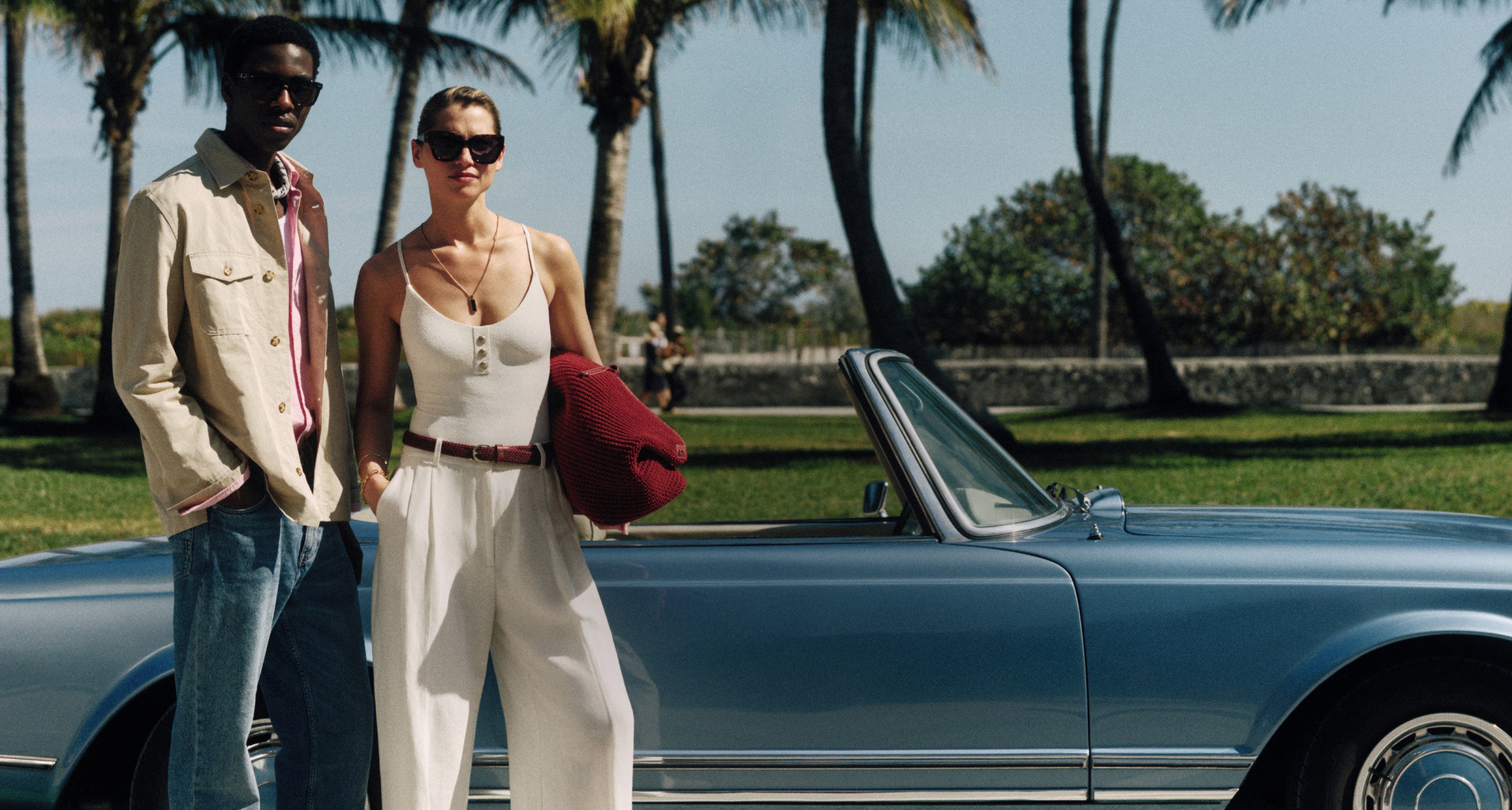 1. Man wearing Tommy Hilfiger Linen button down infront of palm trees, 2. Woman Smiling wearing Tommy Hilfiger linen button down and sunglasses