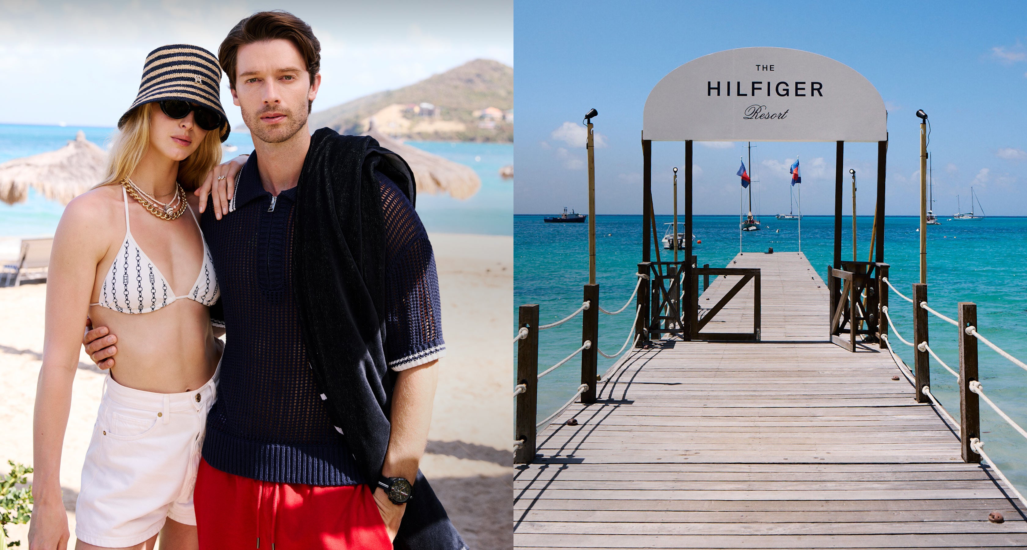 Patrick Schwarzenegger and Abby Champion styling Tommy Hilfiger resort outfits next to The Hilfiger Resort dock.