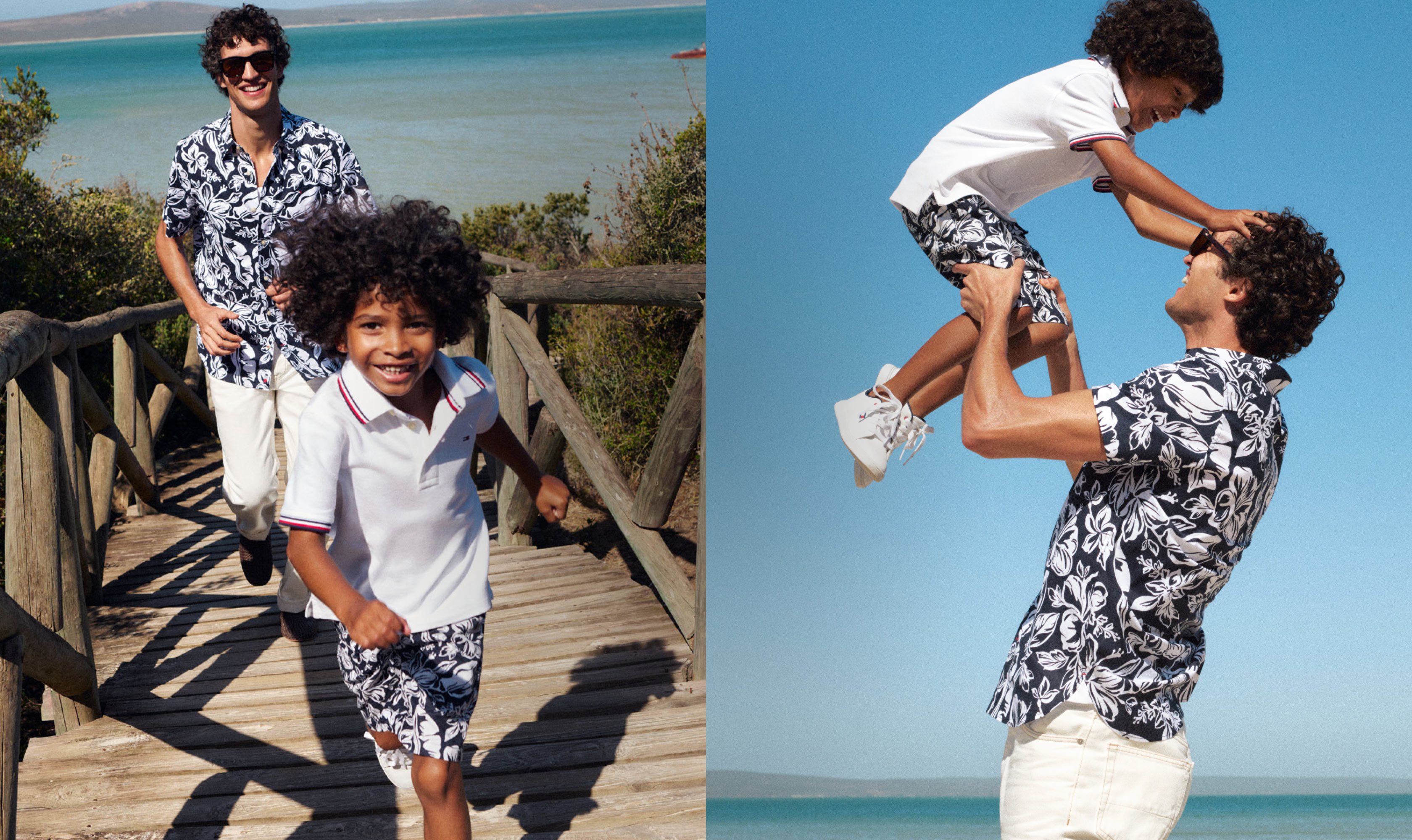 Man and boy play on the beach dressed in Tommy Hilfiger matching patterns