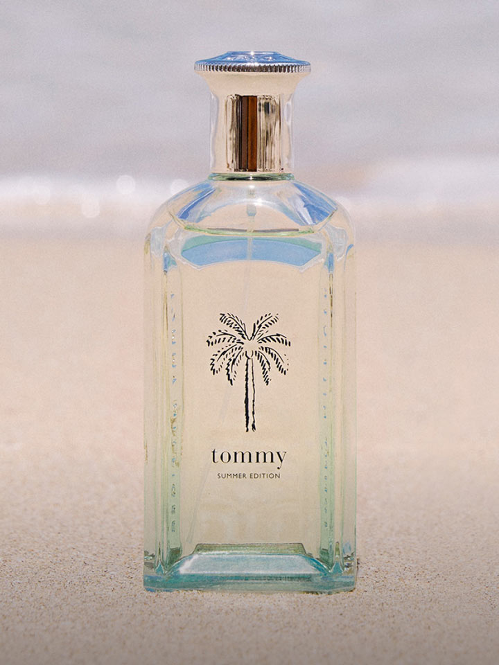 Tommy Hilfiger fragrance bottles on the beach
