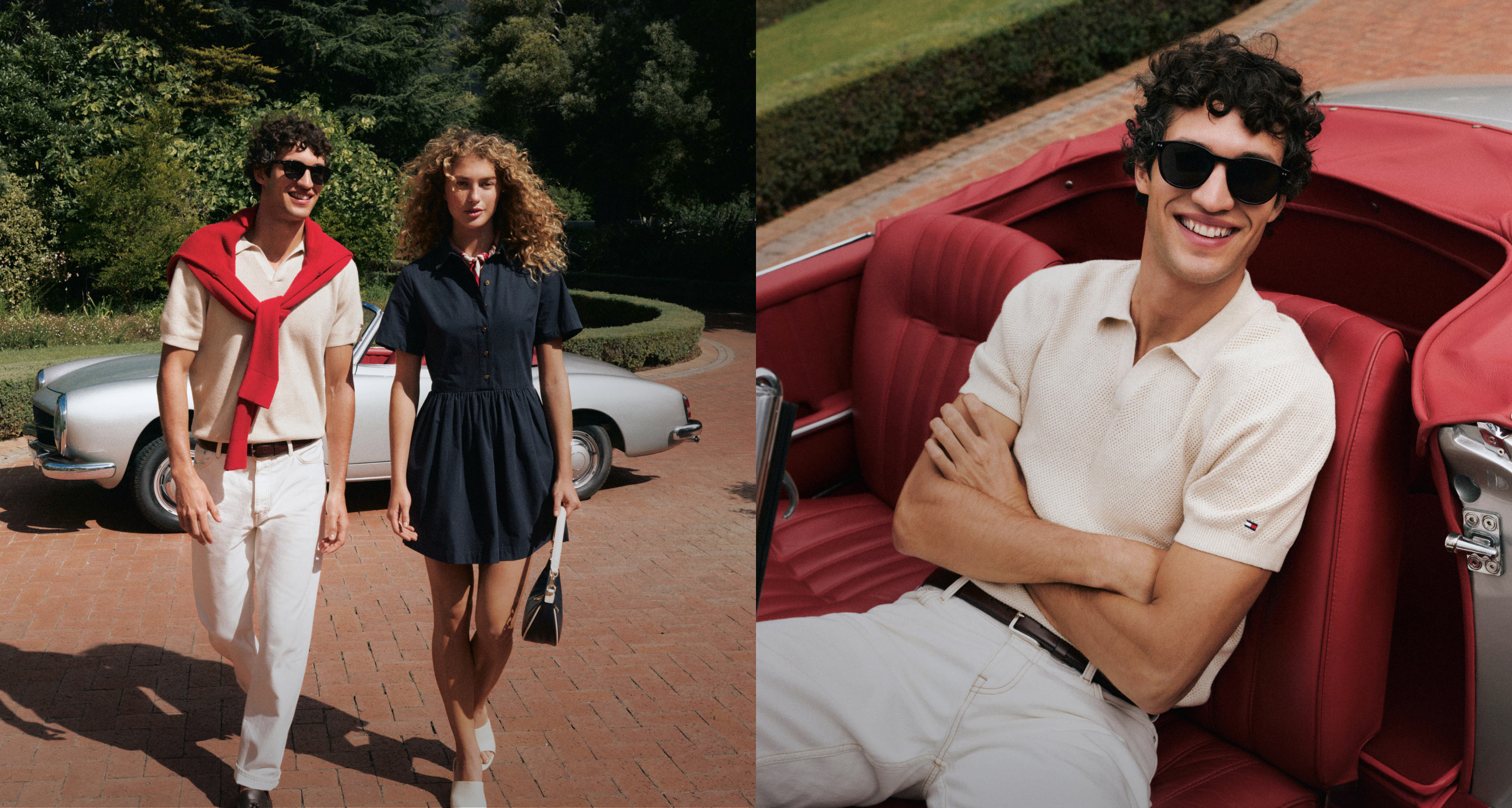 Man and a woman walking side by side in the drive way dressed in Tommy Hilfiger, Next to man sitting in car smiling wearing Tommy Hilfiger polo