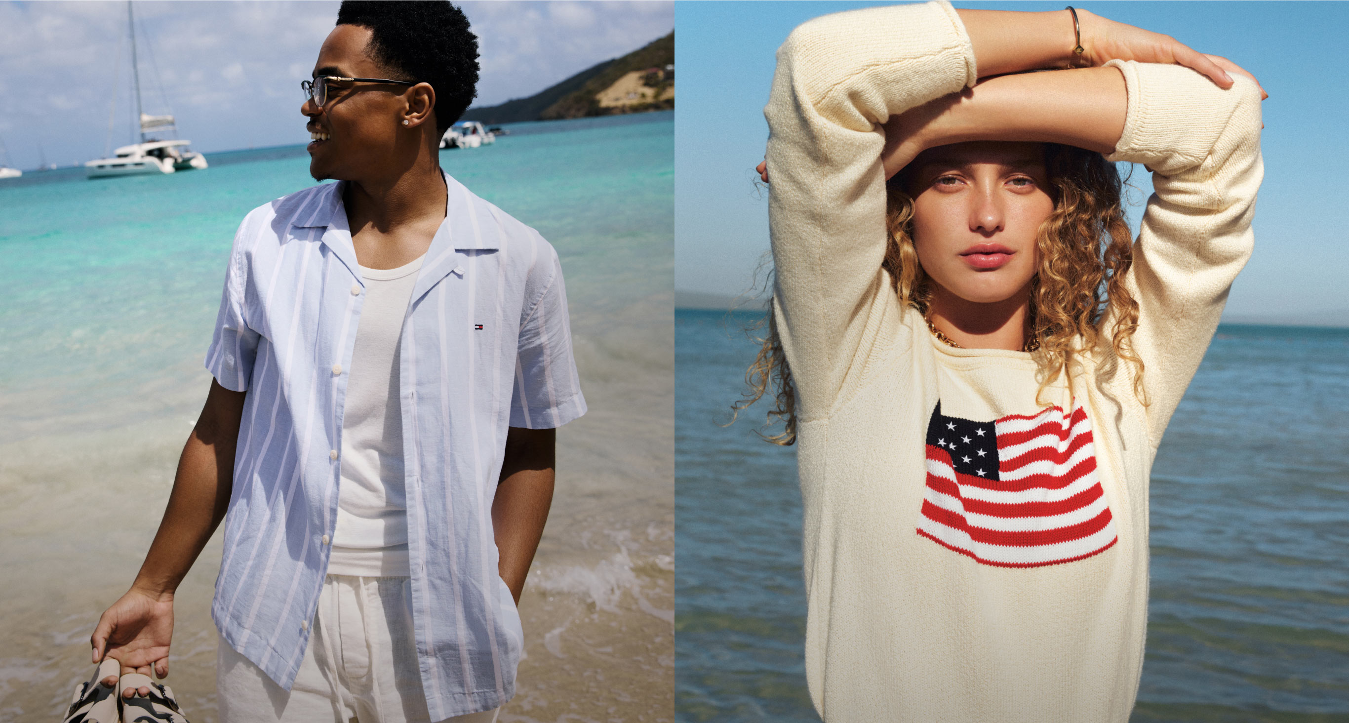 Michael Rainy Jr and women on the beach near the water dressed in Tommy Hilfiger staple Tees
