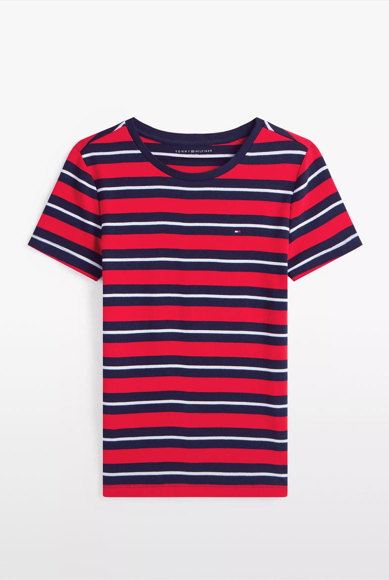 Tommy Hilfiger red white and navy striped tshirt with navy collar
