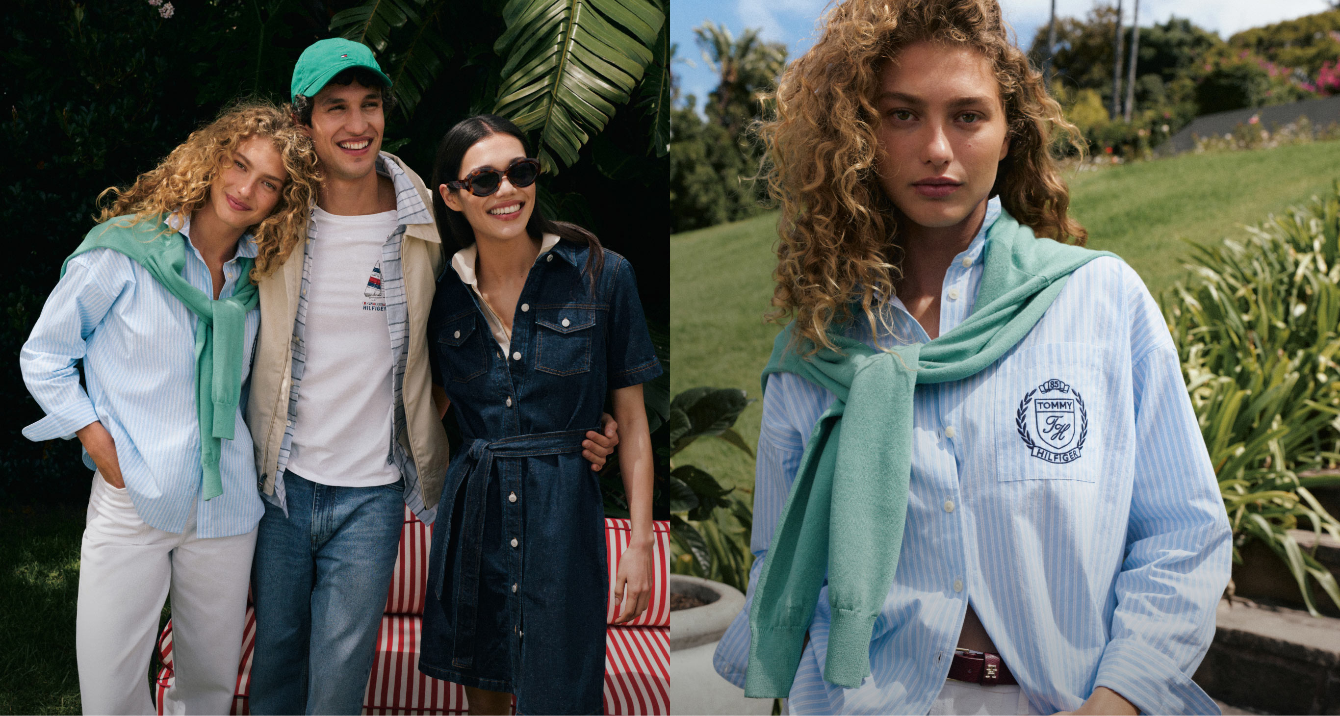 Group dressed in Tommy Hilfiger posing for a picture and a girl wearing Tommy Hilfiger polo with sweater wrapped around her neck