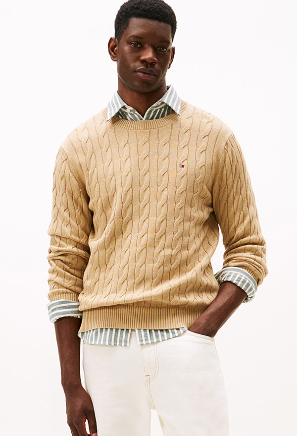 Model wearing a Tommy Hilfiger light grey short-sleeve T-shirt with signature flag logo, styled with dark pants, against a white background
