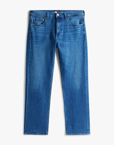 Classic blue Tommy Jeans straight-leg denim with a mid-rise fit and five-pocket styling.