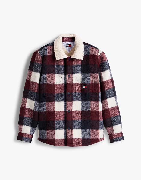 Tommy Jeans sherpa-lined plaid overshirt in burgundy and navy tones, featuring a button front and chest pockets.