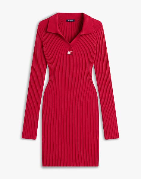 Fitted red Tommy Jeans mini dress with a polo collar and long sleeves
