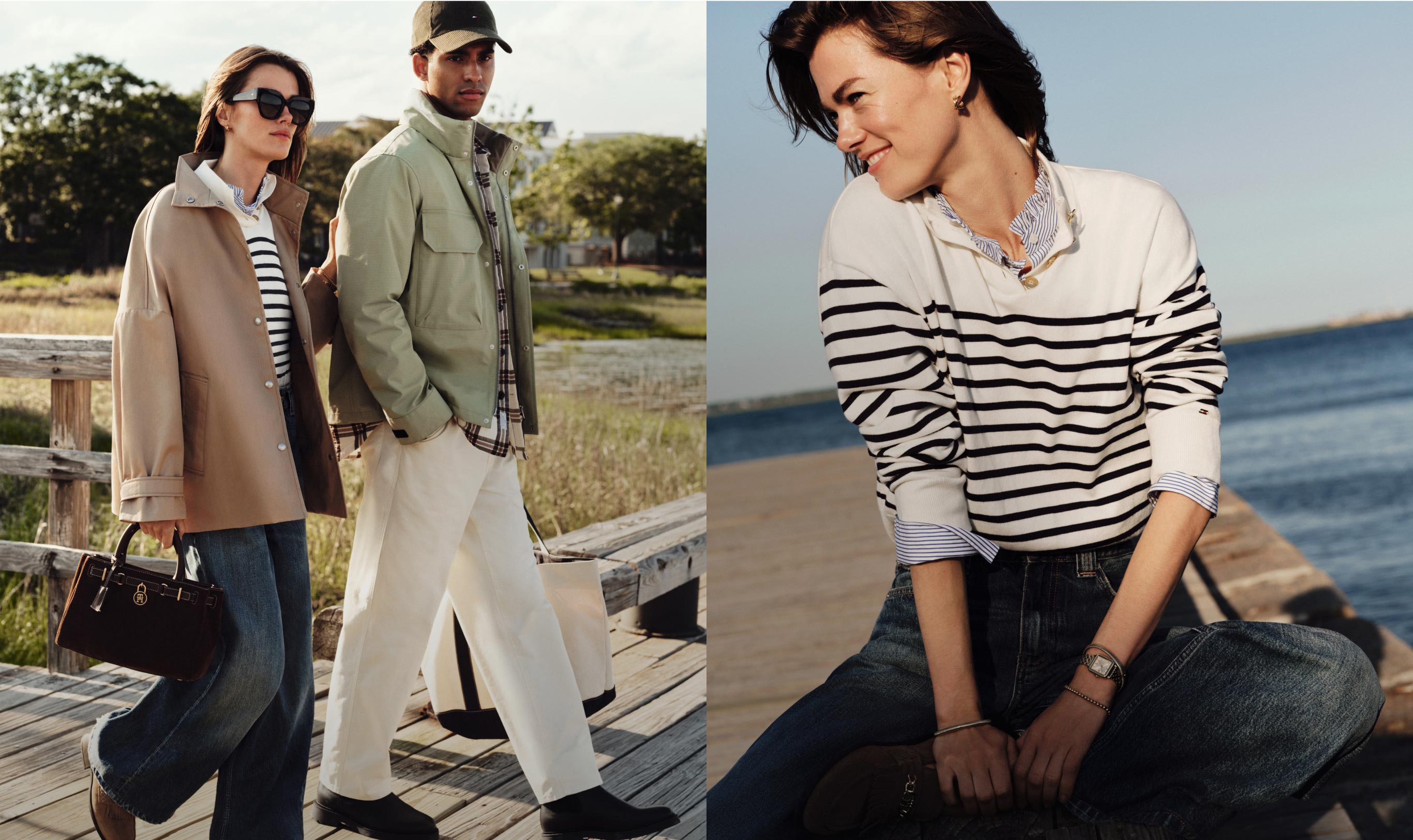 A man and woman walking wearing Tommy Hilfiger outfits
