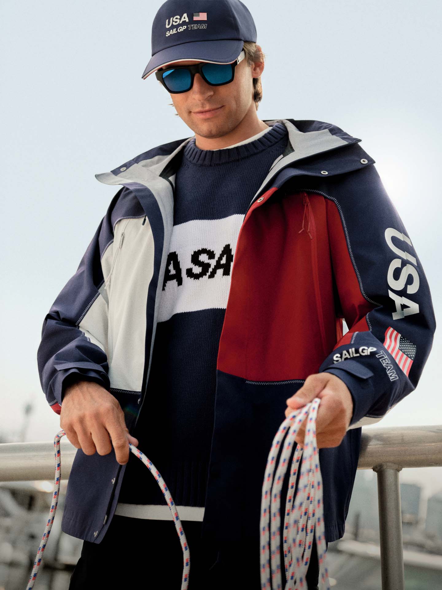 Male model wearing new Sail GP jacket from Tommy Hilfiger.