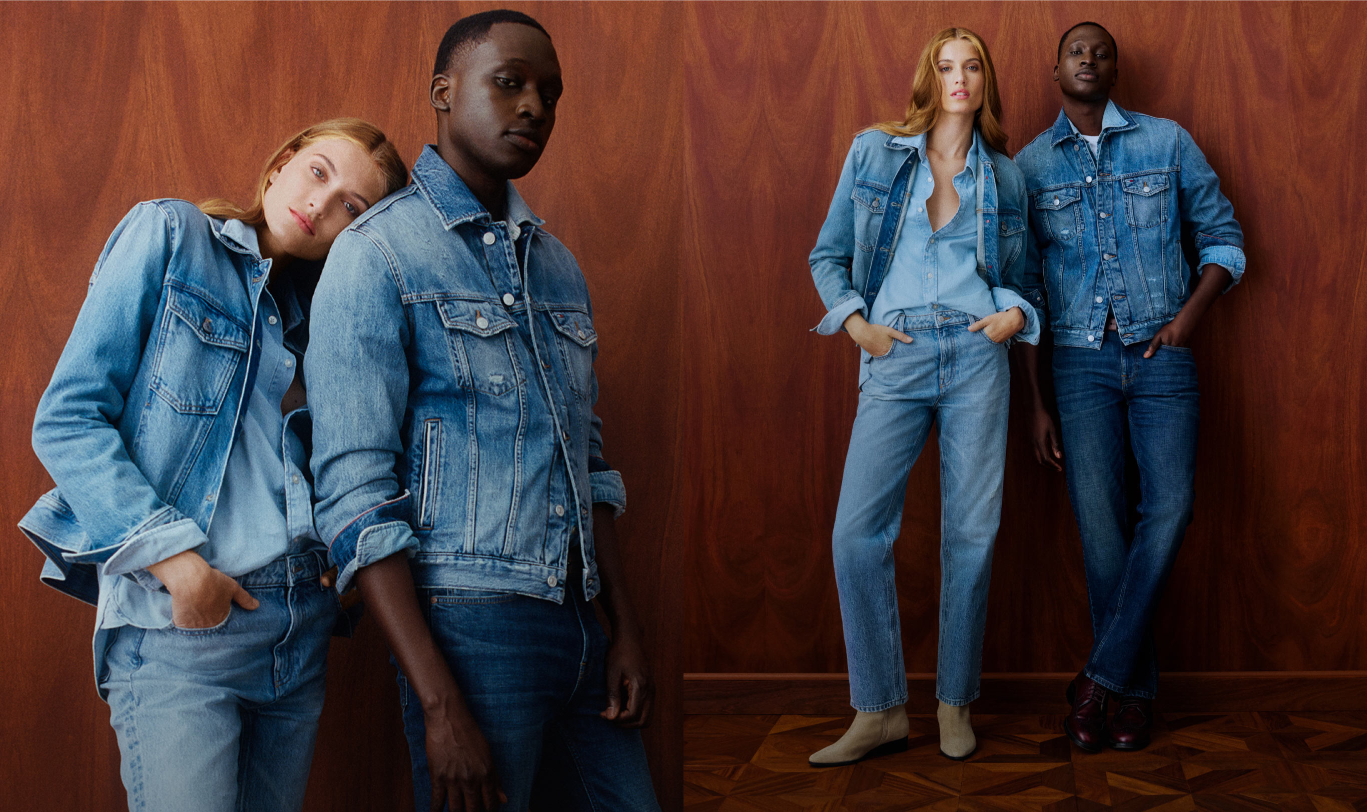 Models wearing light and dark wash Tommy Hilfiger denim jackets and jeans, posing against a wooden backdrop