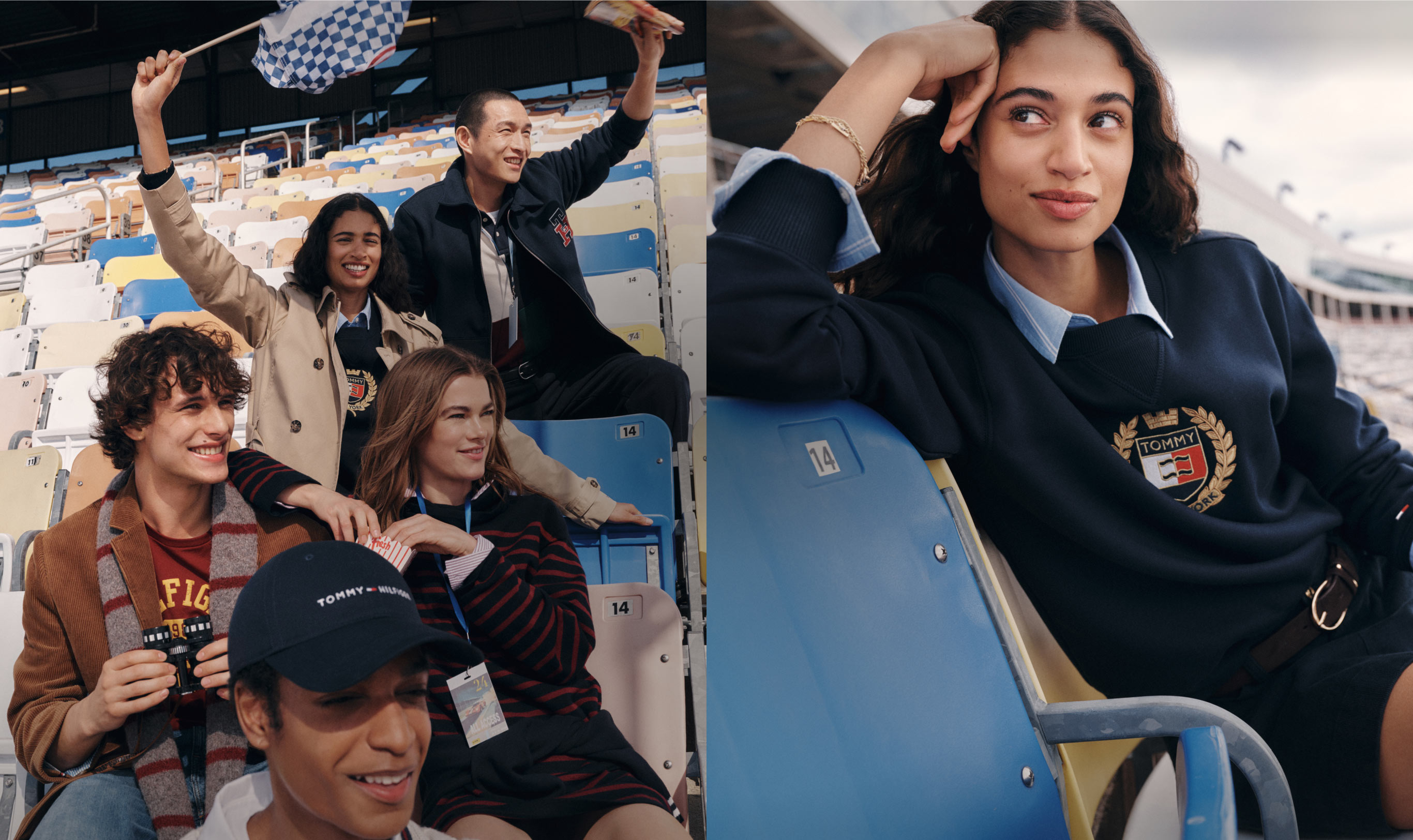 Group celebrating in stadium seating while wearing Tommy Hilfiger casualwear, including polos, sweaters, and varsity jackets.