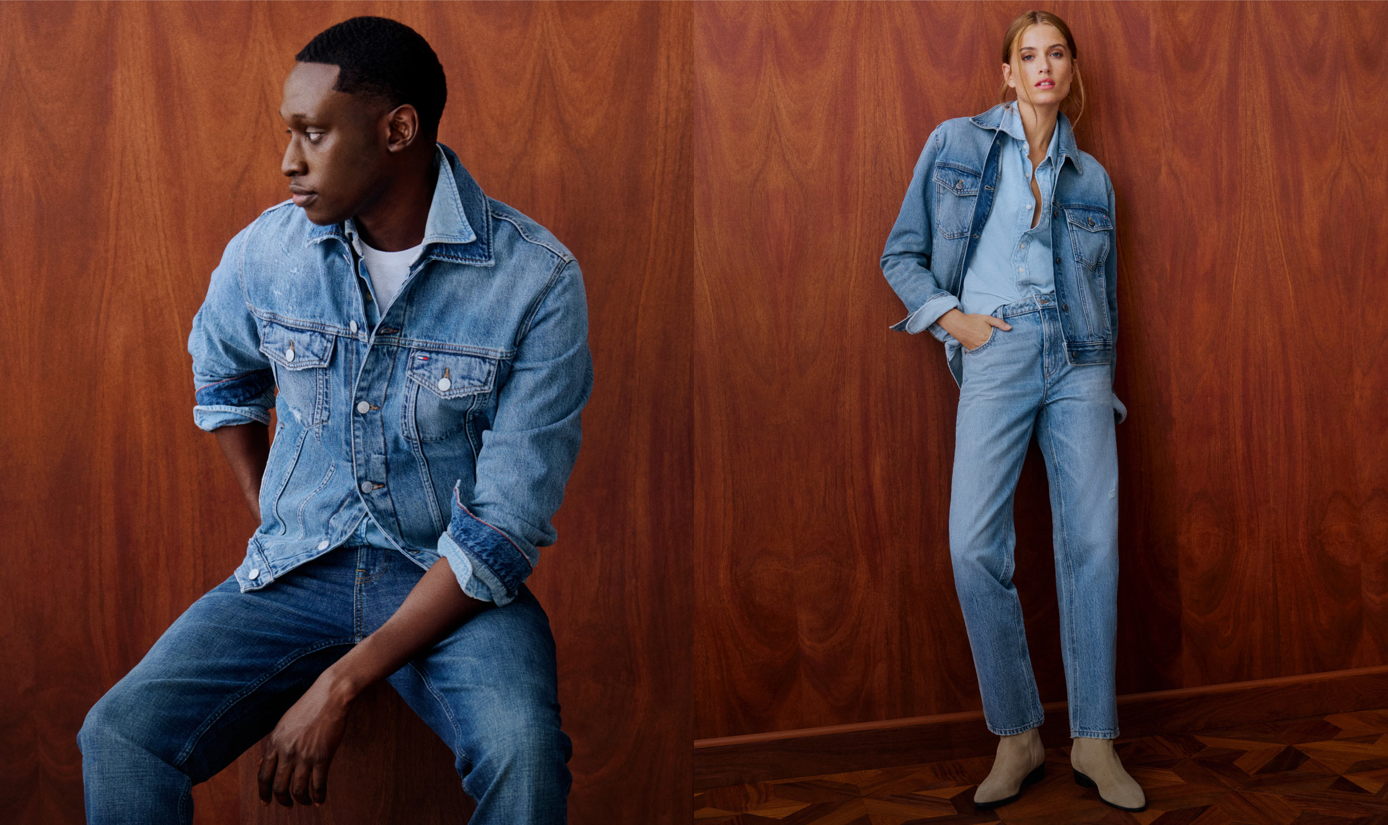Three models showcasing different Tommy Hilfiger denim fits and jackets, standing in front of a wood-paneled backdrop.