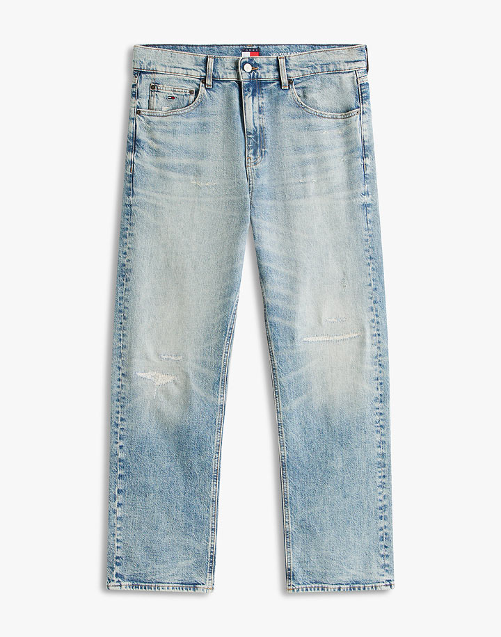 Light-wash straight-leg Tommy Jeans denim with subtle fading, photographed on a white background.