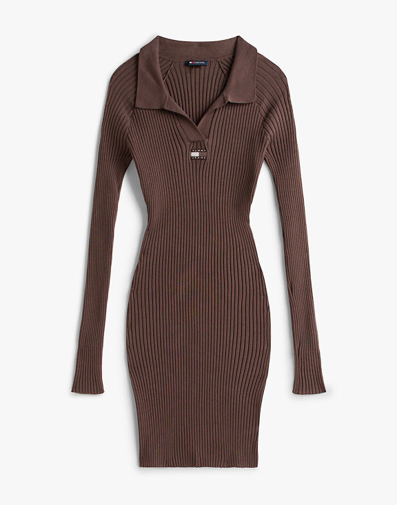 Brown ribbed Tommy Jeans polo sweater dress with a collar and button placket, shown on a white background.