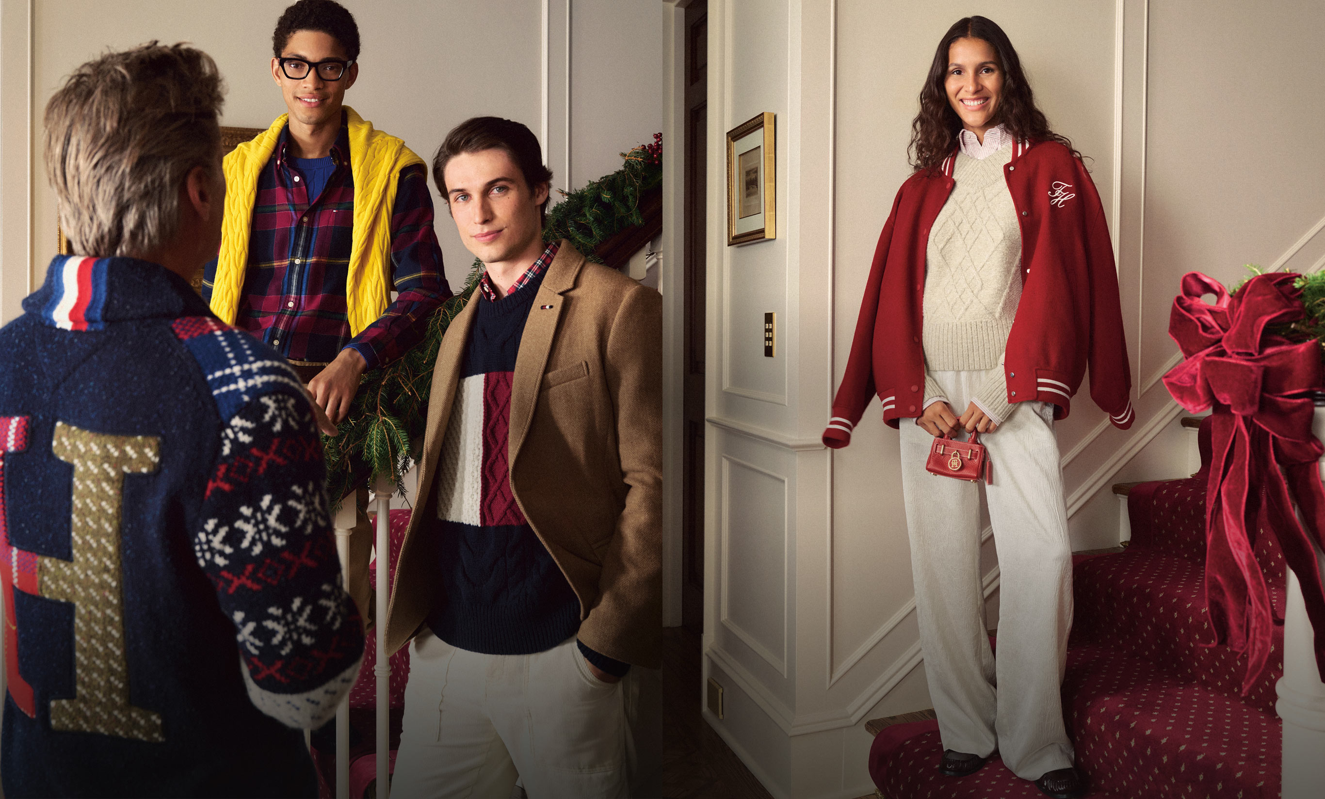 Models in layered Tommy Hilfiger looks—fair isle cardigan, quilted vest, red coat, and cable knits—standing in a foyer with wrapped gifts and a giant red ribbon on the door.