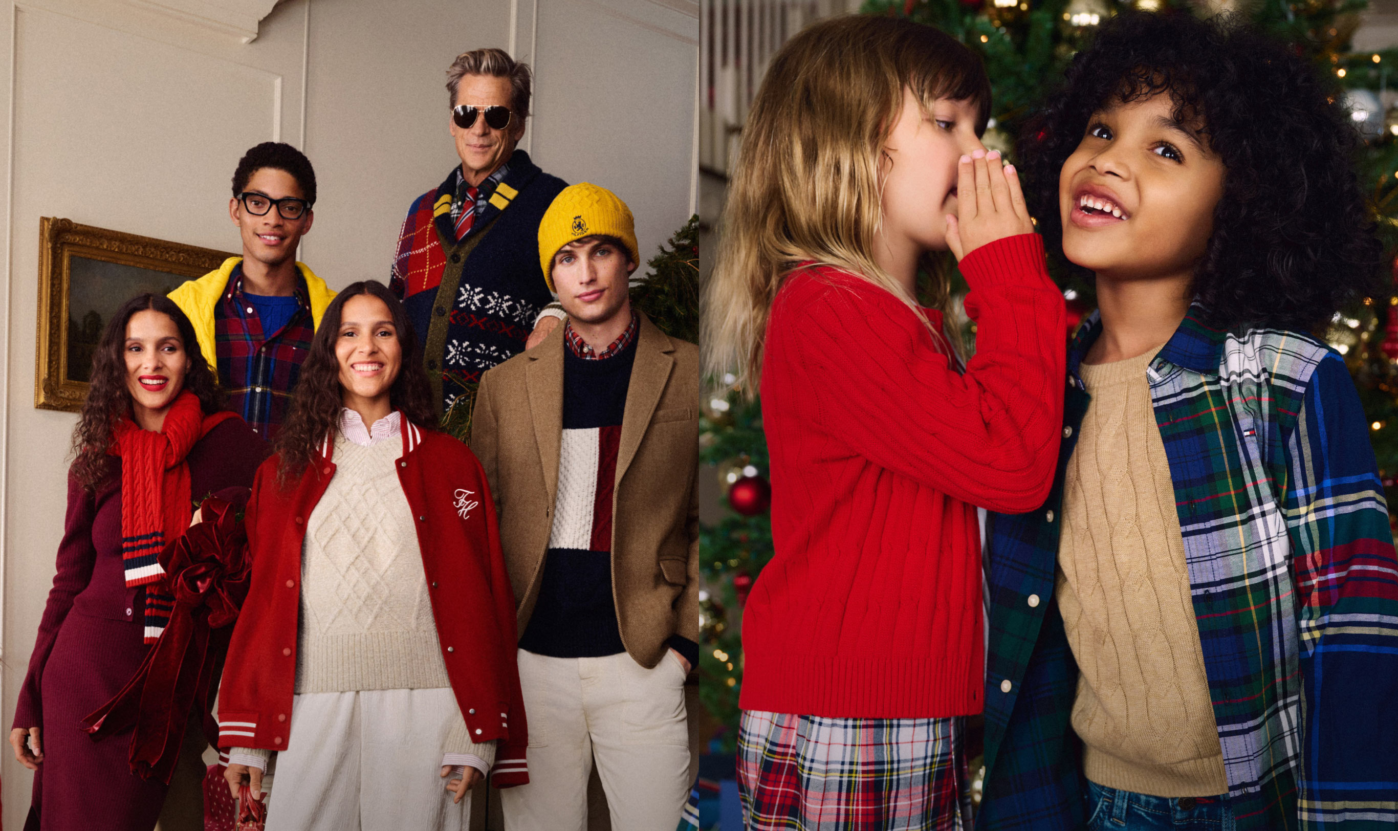 Group of models in colorful Tommy Hilfiger holiday outfits, including bold knits and tailored layers, standing together and smiling in front of a decorated Christmas tree.