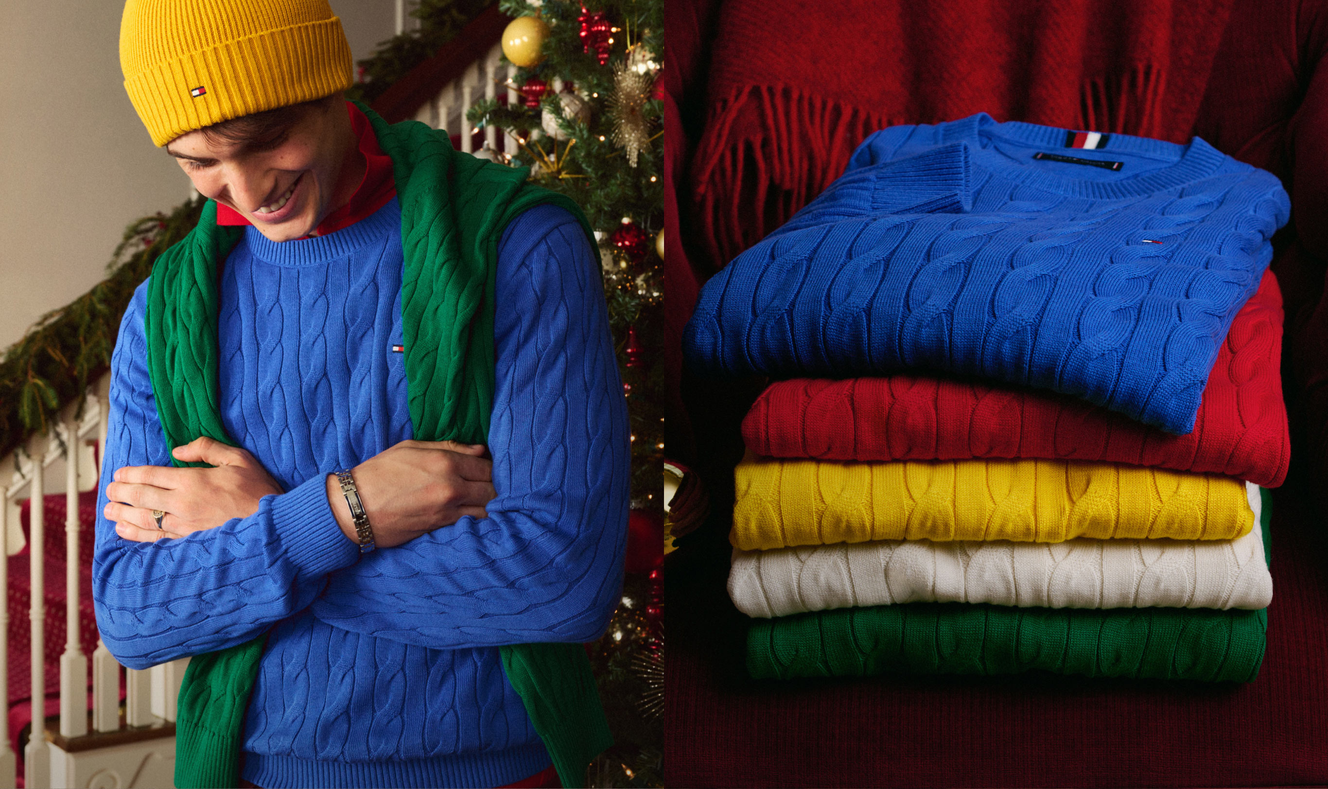 Close-up of friends in a group hug wearing Tommy Hilfiger cable-knit sweaters and scarves in bright orange, red, blue, and green. Text overlay reads 'Cables For All,' suggesting cozy winter layering.