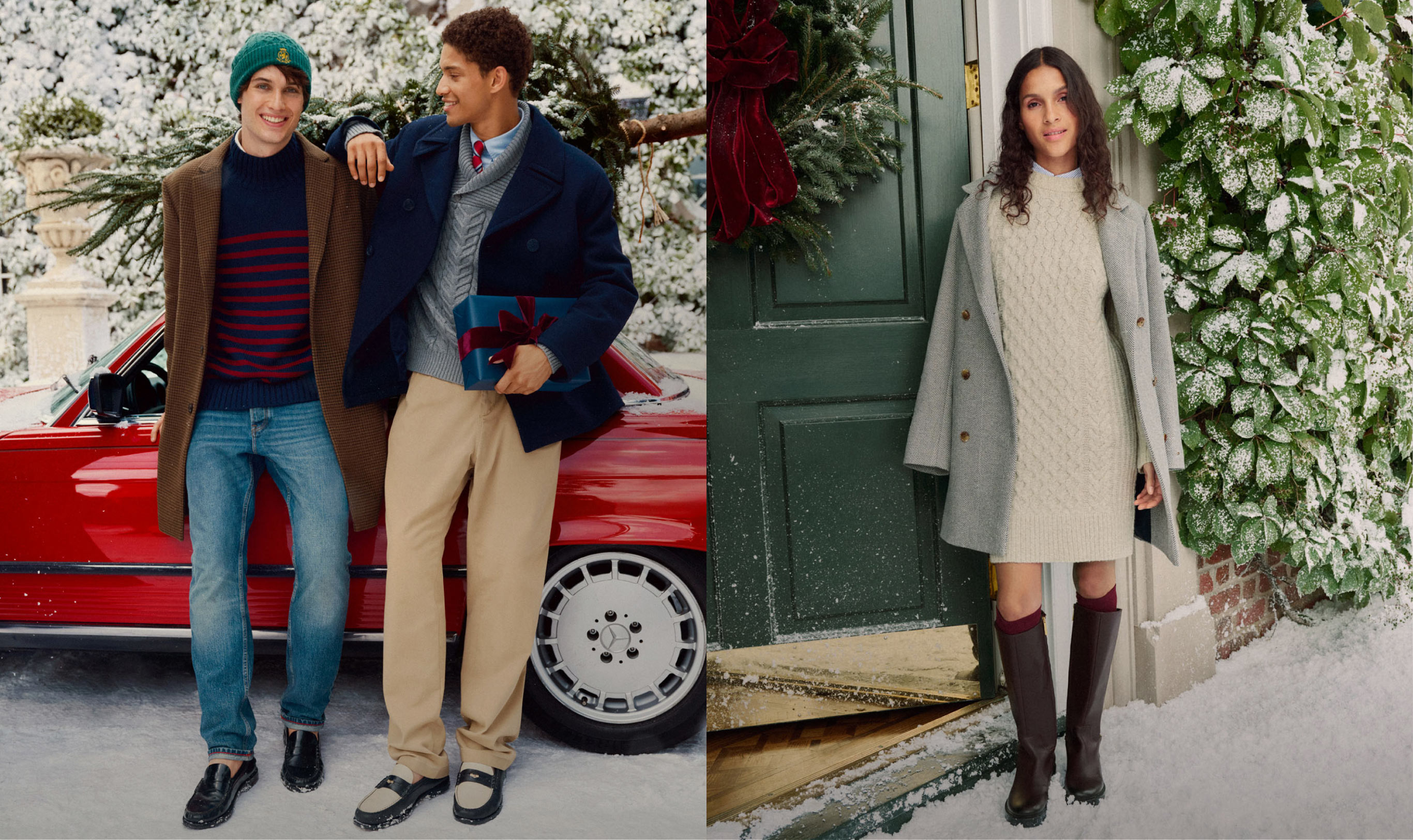 Three models in tailored Tommy Hilfiger winter coats and knit hats standing in front of a snowy, floral backdrop, smiling at the camera.