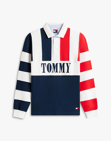Black Tommy Jeans crewneck sweater with a centered flag logo, flat lay on white.