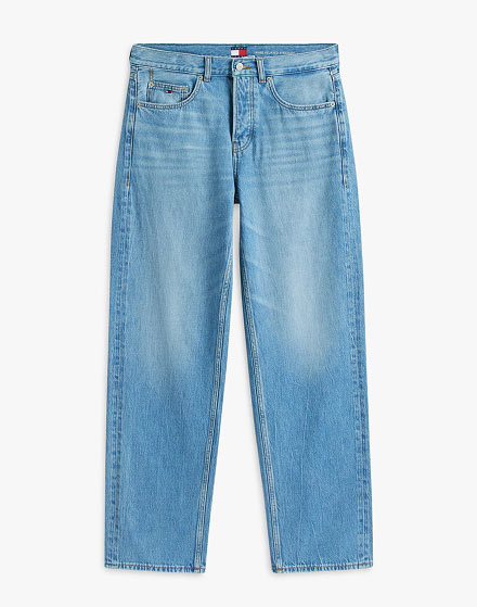 Light-wash straight-leg Tommy Jeans denim with subtle fading, photographed on a white background.