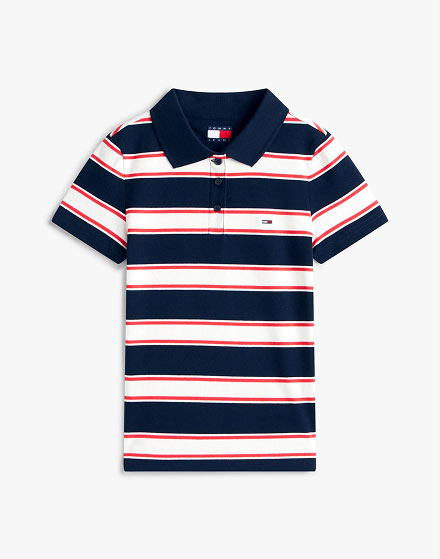 Navy, red, and white striped Tommy Hilfiger polo shirt on a white background.