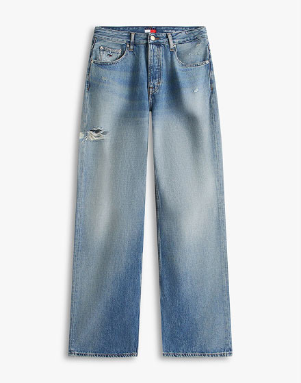 Light wash Tommy Hilfiger jeans on a white background.