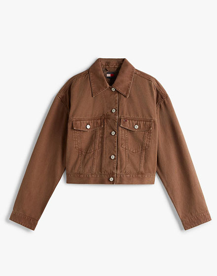 Brown Tommy Hilfiger jacket on a white background.