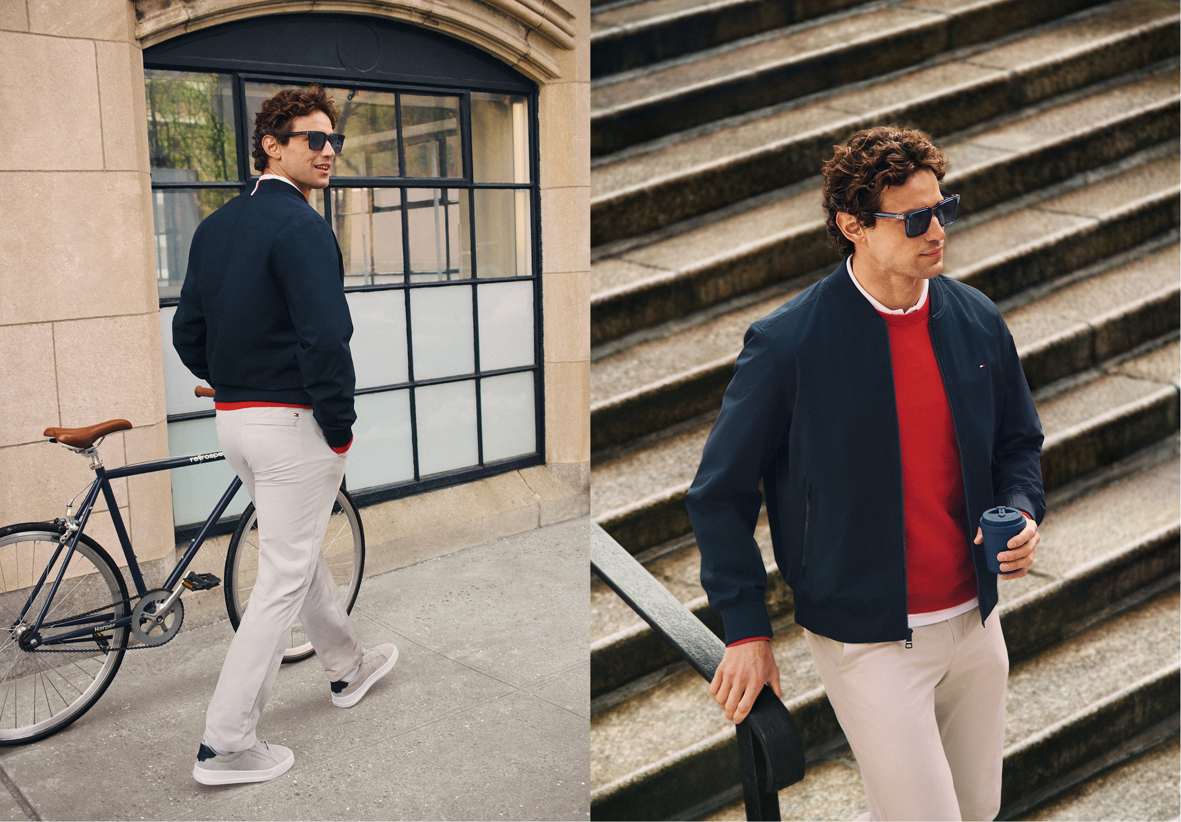 Two models outdoors in casual Tommy Hilfiger looks, including a navy sweater with light pants and a navy jacket layered over a red sweater with beige trousers.