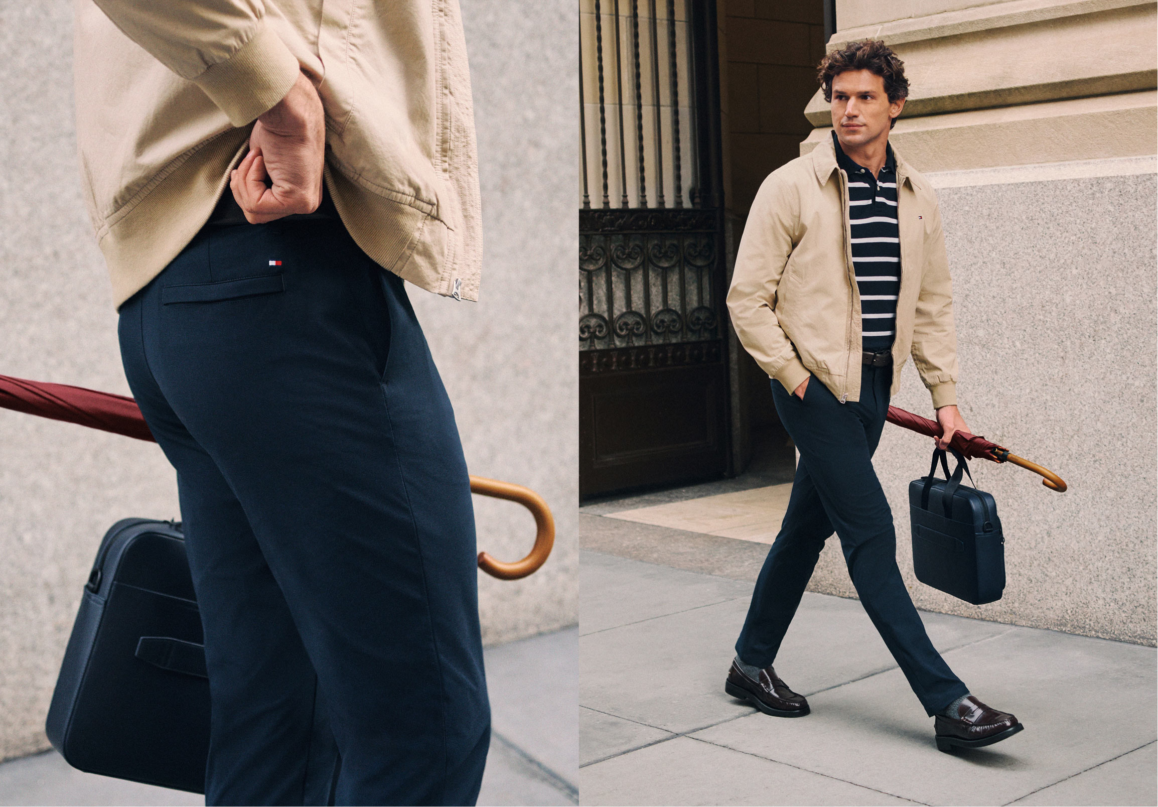 Two models outdoors in casual Tommy Hilfiger looks, including a navy sweater with light pants and a navy jacket layered over a red sweater with beige trousers.