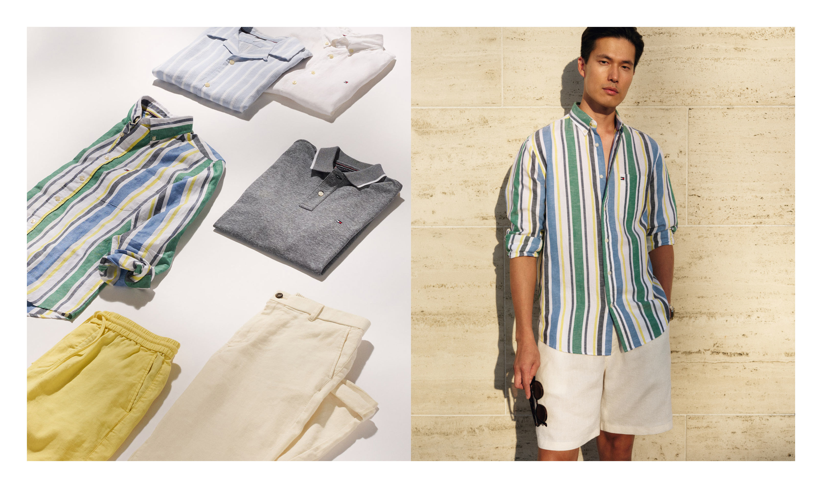 Tommy Hilfiger shirts laydown indifferent colors and a male model wearing a Tommy Hilfiger stripped shirt and short