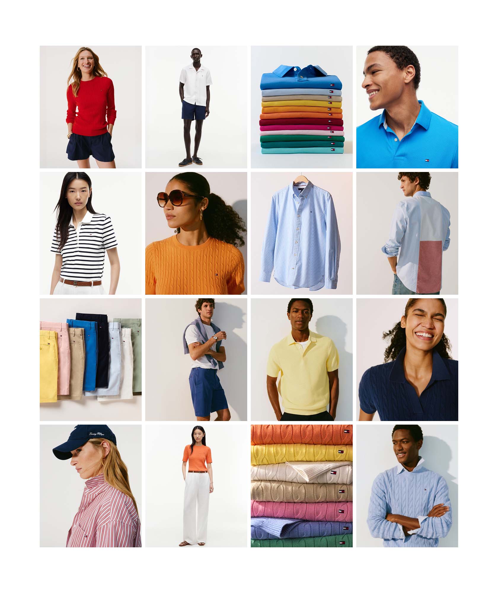Grid of various models wearing colorful casual outfits including polos, shirts, and accessories.