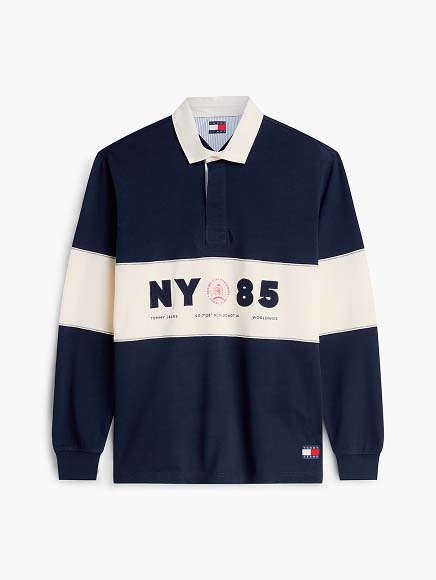 Black Tommy Jeans crewneck sweater with a centered flag logo, flat lay on white.