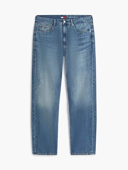 Light-wash straight-leg Tommy Jeans denim with subtle fading, photographed on a white background.