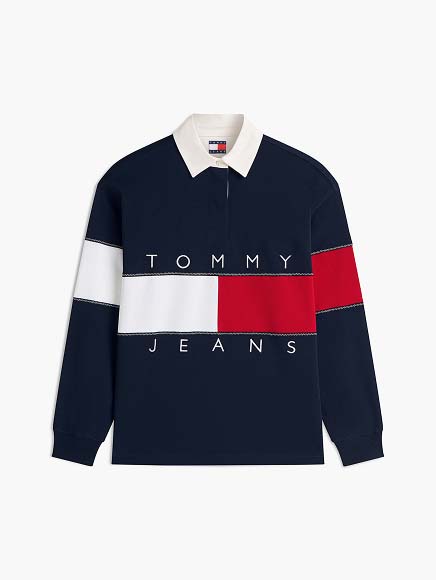 Navy, red, and white striped Tommy Hilfiger polo shirt on a white background.